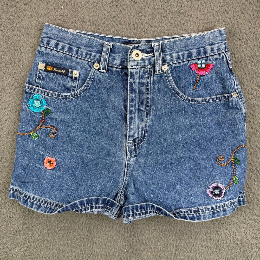 Route 66 Vintage Embroidered Floral Denim Shorts Womens 12 Blue High Rise 90s